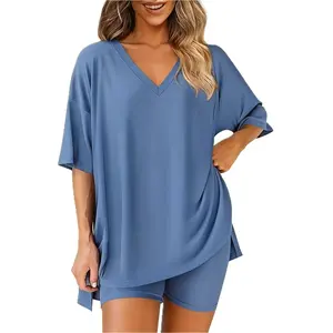 2026 Women’s 2 Piece Lounge Set Oversized V Neck Short Sleeve Tee & Matching Biker Shorts Lightweight Reversible Summer Casual Nightwear With Plus Size