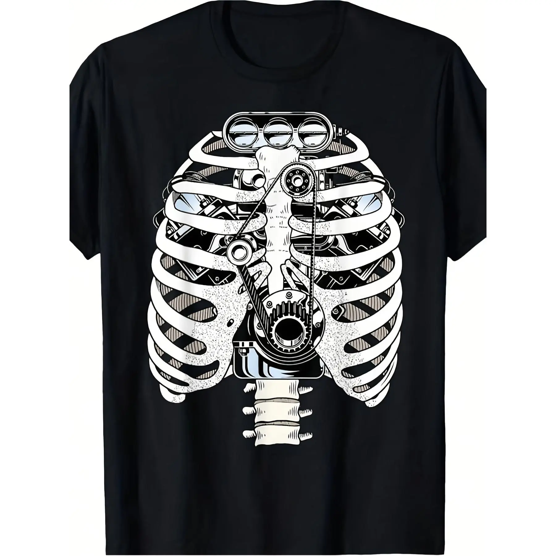 Men's Mechanic Graphic T-Shirt with Car Torso & Engine Diagram Print, Casual 100% Cotton Short Sleeve Crew Neck Top, Shortsleeve, Fabric, Menswear, Knit, Stretch, Round Neck