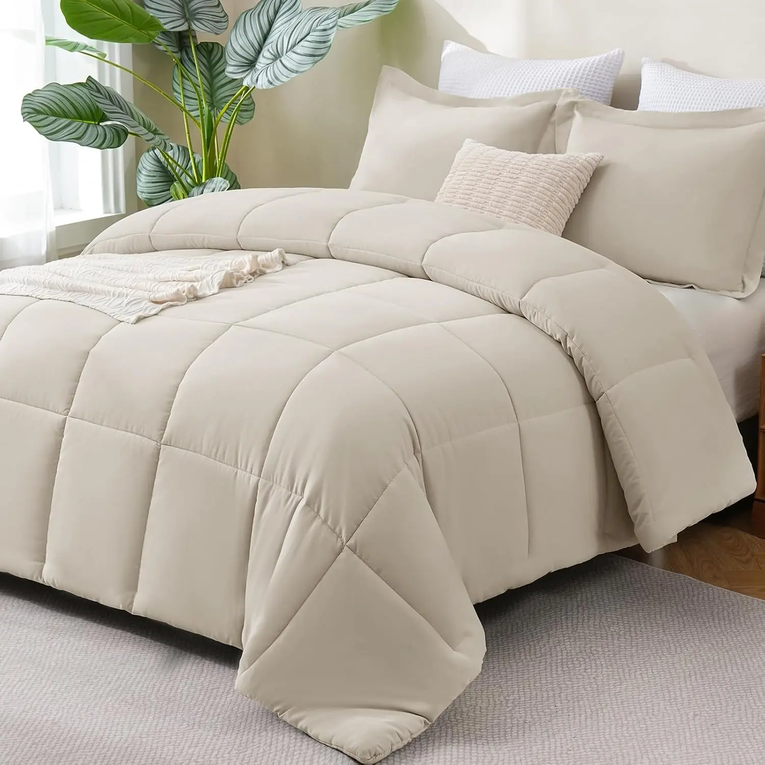 Queen Size Comforter Set, 3-Piece Box-Stitched, Beige |   270 GSM Down Alternative Fill, 90 GSM Brushed Microfiber Shell, OEKO-TEX Certified, 88 x 88 in Comforter with 2 Pillow Shams