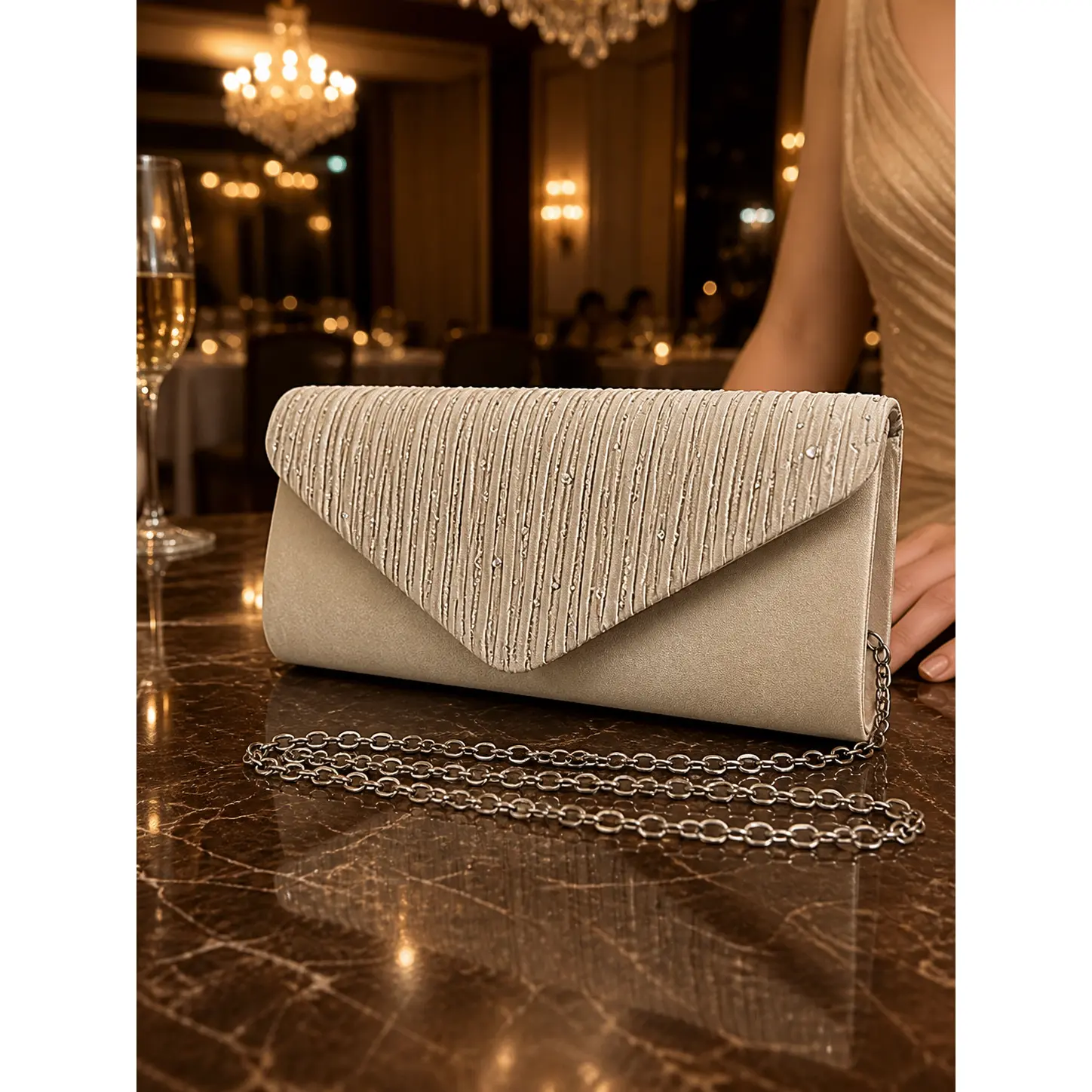 Sparkling Diamond Evening Bag Sleek Pleated Envelope Clutch For Party Banquet Daily Styling Medium Soft PU Small Square Bag With Chain Magnetic Snap Inner Pocket Phone Holder