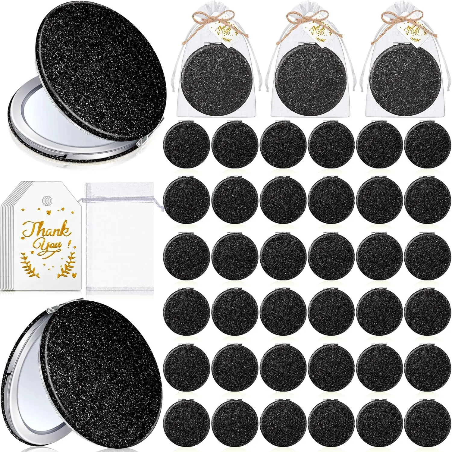 30 Sets Compact Magnifying Mirrors Gifts with Thank You Card and Rope Quinceanera Party Favors for Guests Bridal Shower Wedding Souvenir Bridesmaids Mother's Day(Black)