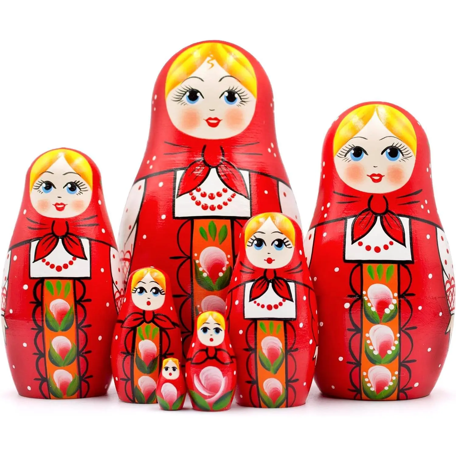 Set of 7 Hand Painted Russian Nesting Dolls, Baboushka Matryoshka with Red Head Scarf Sarafan Dress and Ornaments, Traditional Wooden Stacking Dolls Матрешка