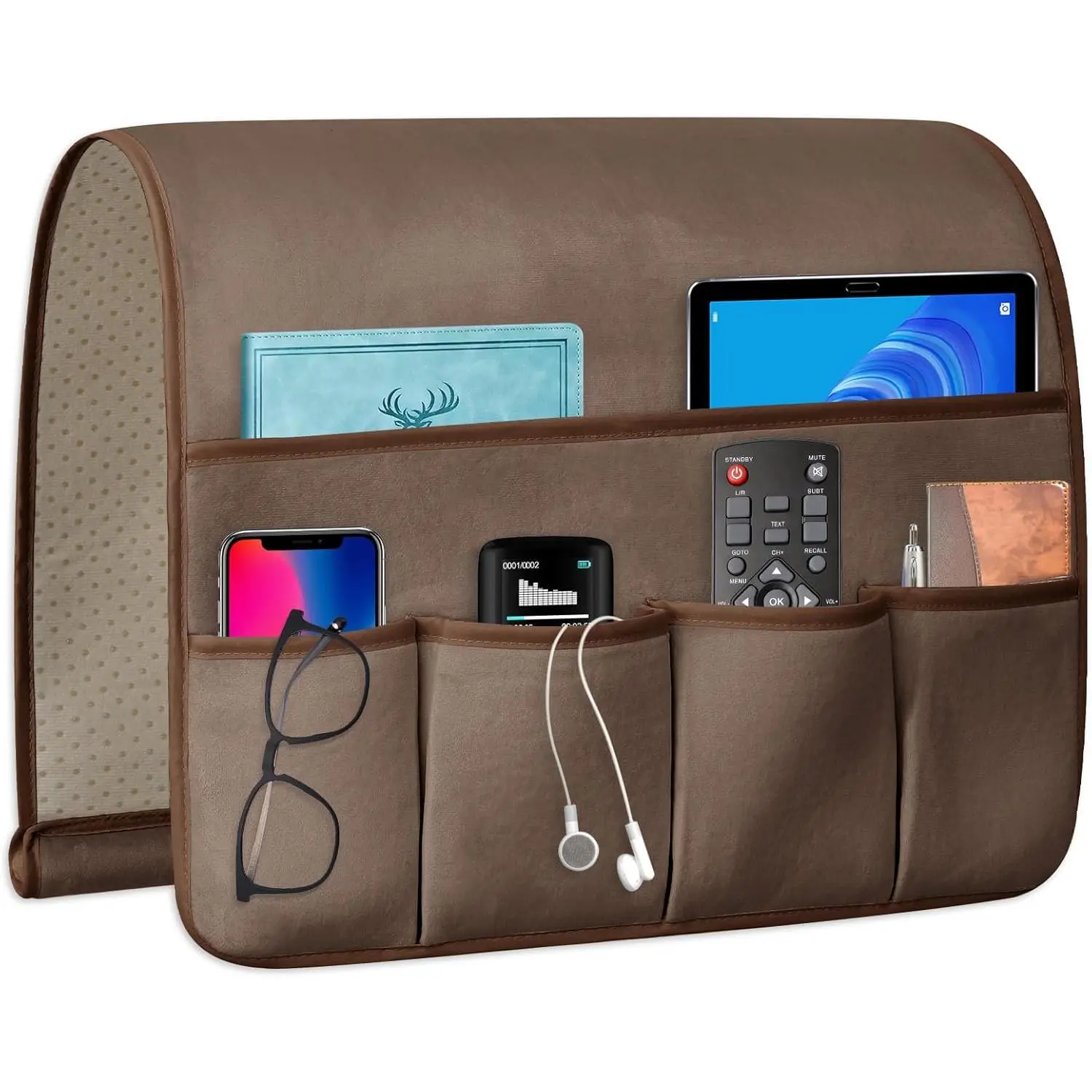 TV Remote Control Holder Couch Caddy, Non-slip Bedside Caddy Organizer with 5 Pockets for Key Glasses Phone Magazine Holders (Brown, 35''x18'')