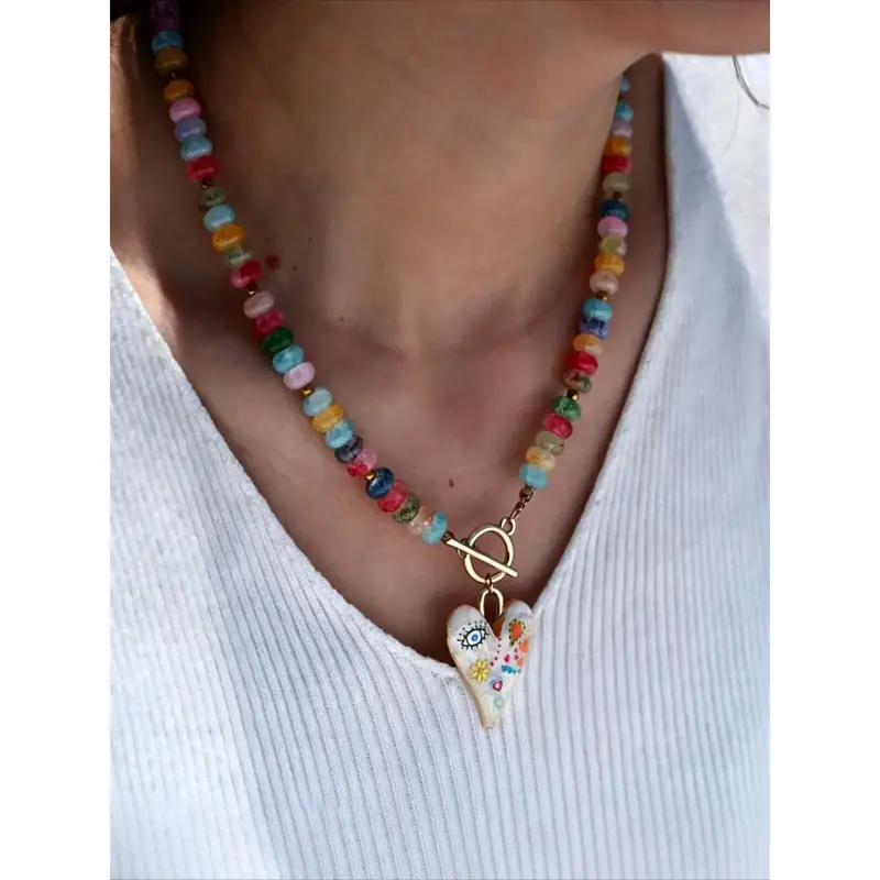 Women's Whimsical Rainbow Necklace - Chain Heart Fashion Pendant, Vibrant Dripping-Effect Glass, Artificial Crystal Bling Jewelry for Women, Choking-Safe All-Season Wear, Whimsical Unique Cool Gifts, Fashion Pendants, Accessories Adults Female