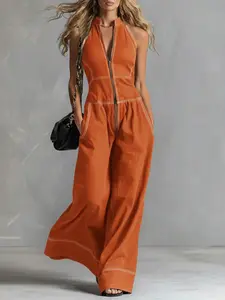 Women's Stand Collar Sleeveless Solid Color Zipper Casual Loose Jumpsuit, Perfect for Spring, Summer, Fall, Comfortable and Stylish