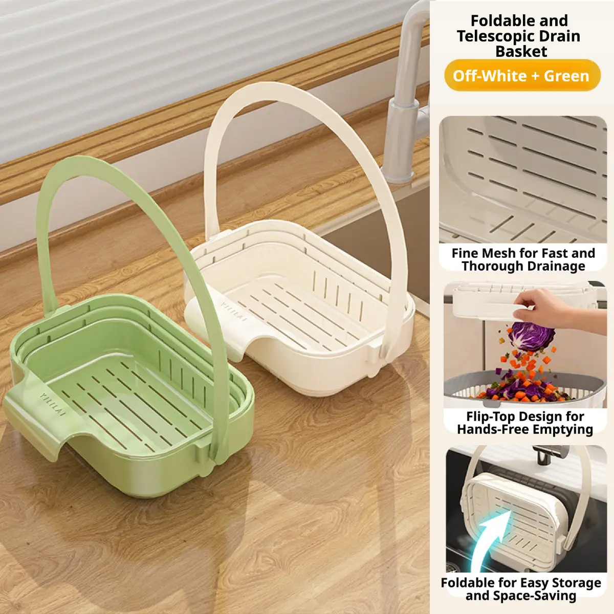 BloomWish 1-Layer Retractable Foldable Rectangle Sink Strainer Basket - Adjustable Hanging Faucet Rack, Adjustable Dish Drainer, Organizer Storage with Fine Mesh for Fast and Thorough Drainage, PP Plastic Single Unit Kitchen Space Saver