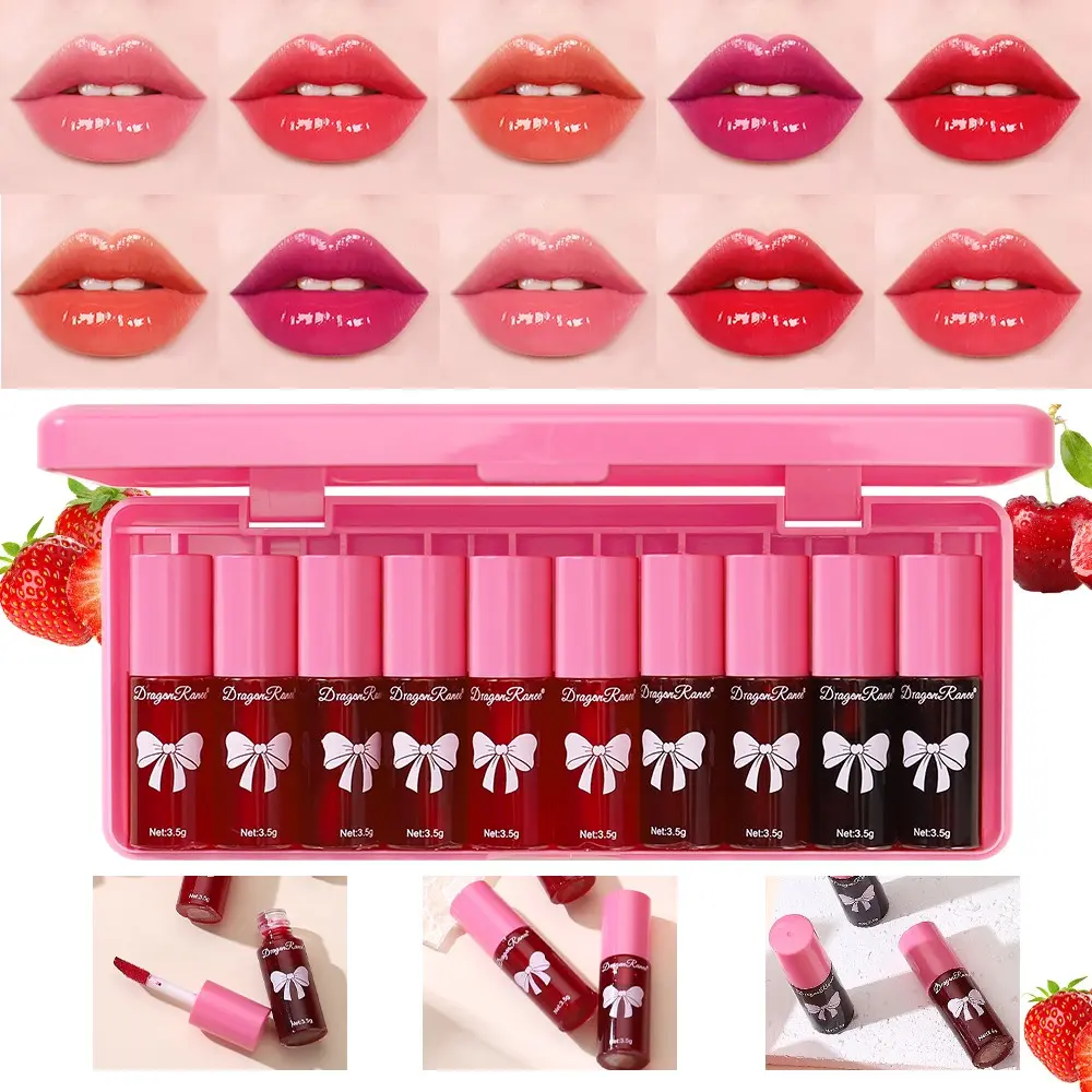 Dragon Ranee 10pcs Cartoon Lip Gloss Set, Long-Lasting Hydrating Glossy Liquid Makeup, Multi-Pack Radiant Finish, Recyclable Beauty Products