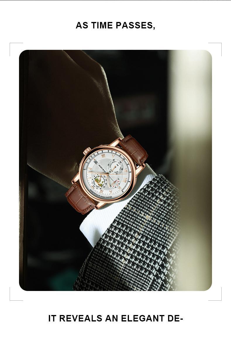 Men's Navigator high-end fashion watch: Swiss original movement, 42mm dial, leather strap, stainless steel case, waterproof luminous function, scratch and knock resistant, suitable for parties, business meetings, casual wear.