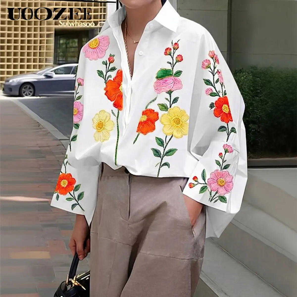 UOOZEE Women's Blouse, Trendy Casual Oversized Flower Print Tunic Top with 3/4 Flare Sleeves, Smooth Button Down for Jeans and Linen Trousers, Minimalist, Baggy, Cargo