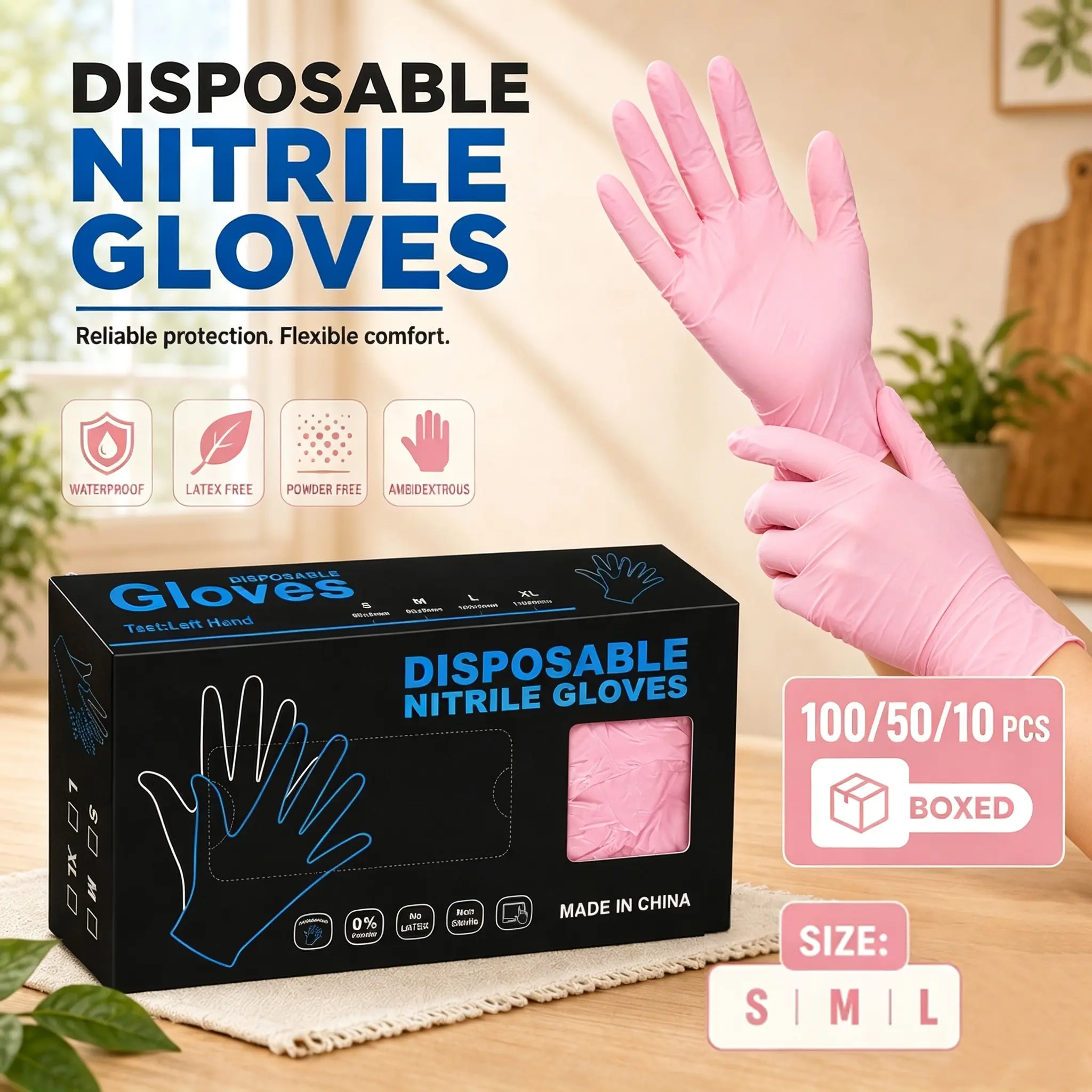 Pink disposable nitrile rubber gloves, durable cleaning gloves, powder-free, latex-free, soft and flexible. Ideal for bathroom cleaning, shoe care, pet grooming, window wiping, craft painting, litter box cleanup, balcony cleaning