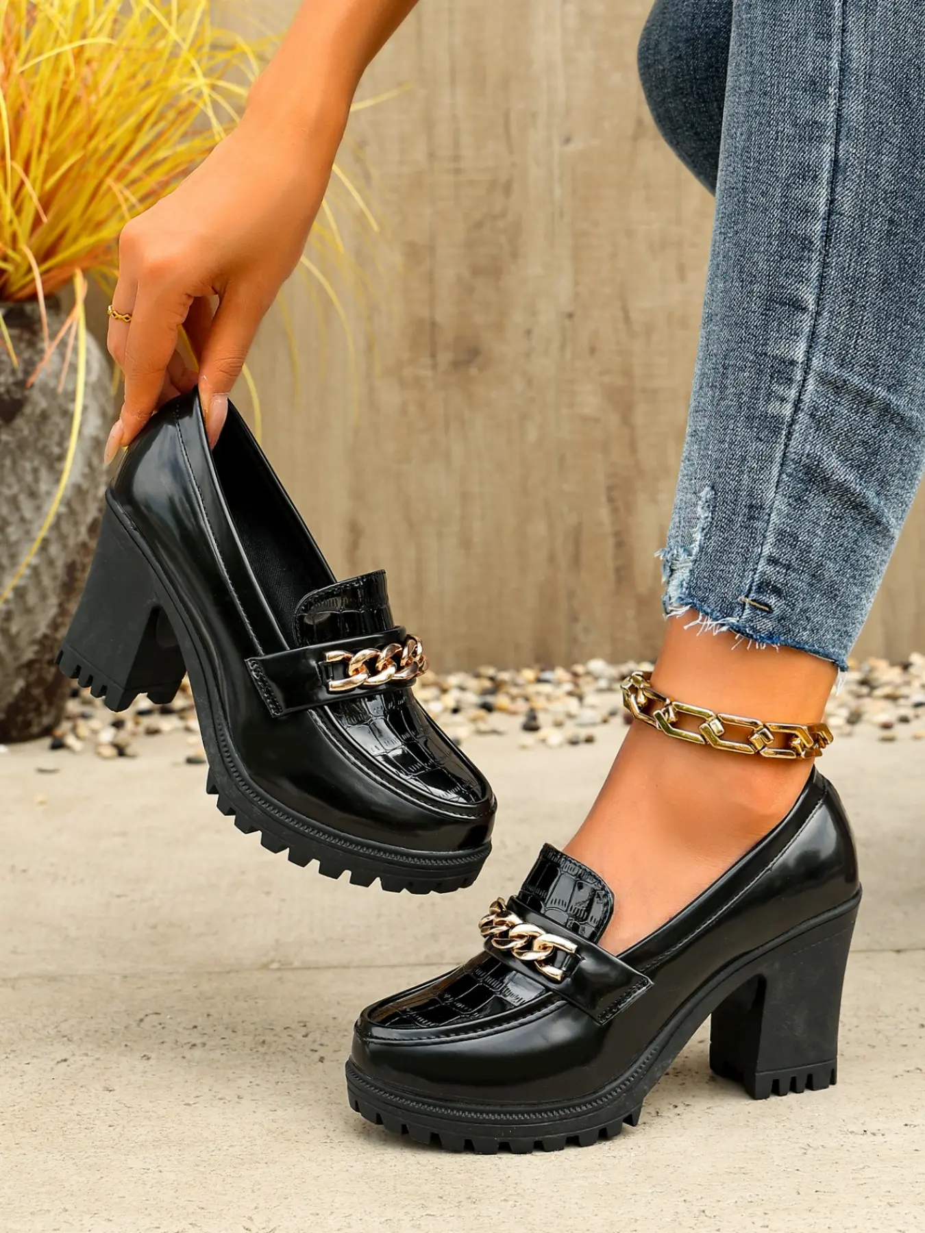 Women's High Heel Loafers, Glossy New Fall Shoes, Chunky Heels, Low Ankle, PU Leather, Rubber Sole, All Seasons, Perfect with Skirts