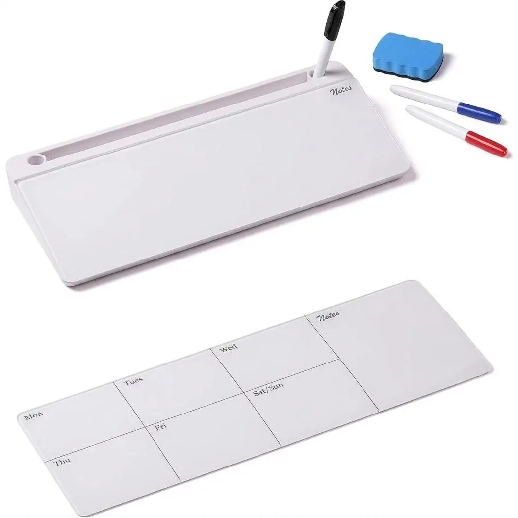 Modern Desktop Glass Dry Erase Board with Weekly Calendar - Keyboard Stand, Storage, Adjustable Dividers, Includes 3 Markers & Eraser - School Office Use, Cloud Design