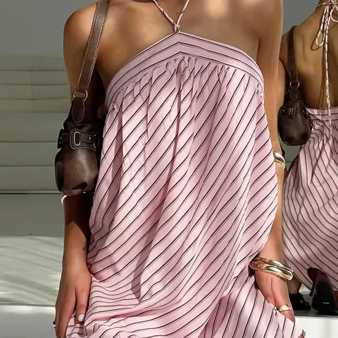 Women's Striped Print Halter Neck Dress, Casual Sleeveless Dress for Summer, Ladies Clothes for Daily Wear, Fit