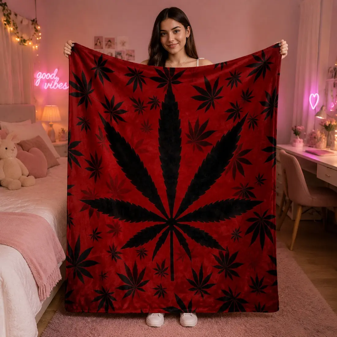 Leaf Print Blanket, Heavy-Duty Quilted Flannel Bedspread with Black & Red Marijuana Leaf Pattern, Soft Warm Plush Fleece Throw Blanket, Cozy All-Season Blanket for Bed Sofa Couch, Home Bedroom Decor, Birthday Christmas Housewarming Gift