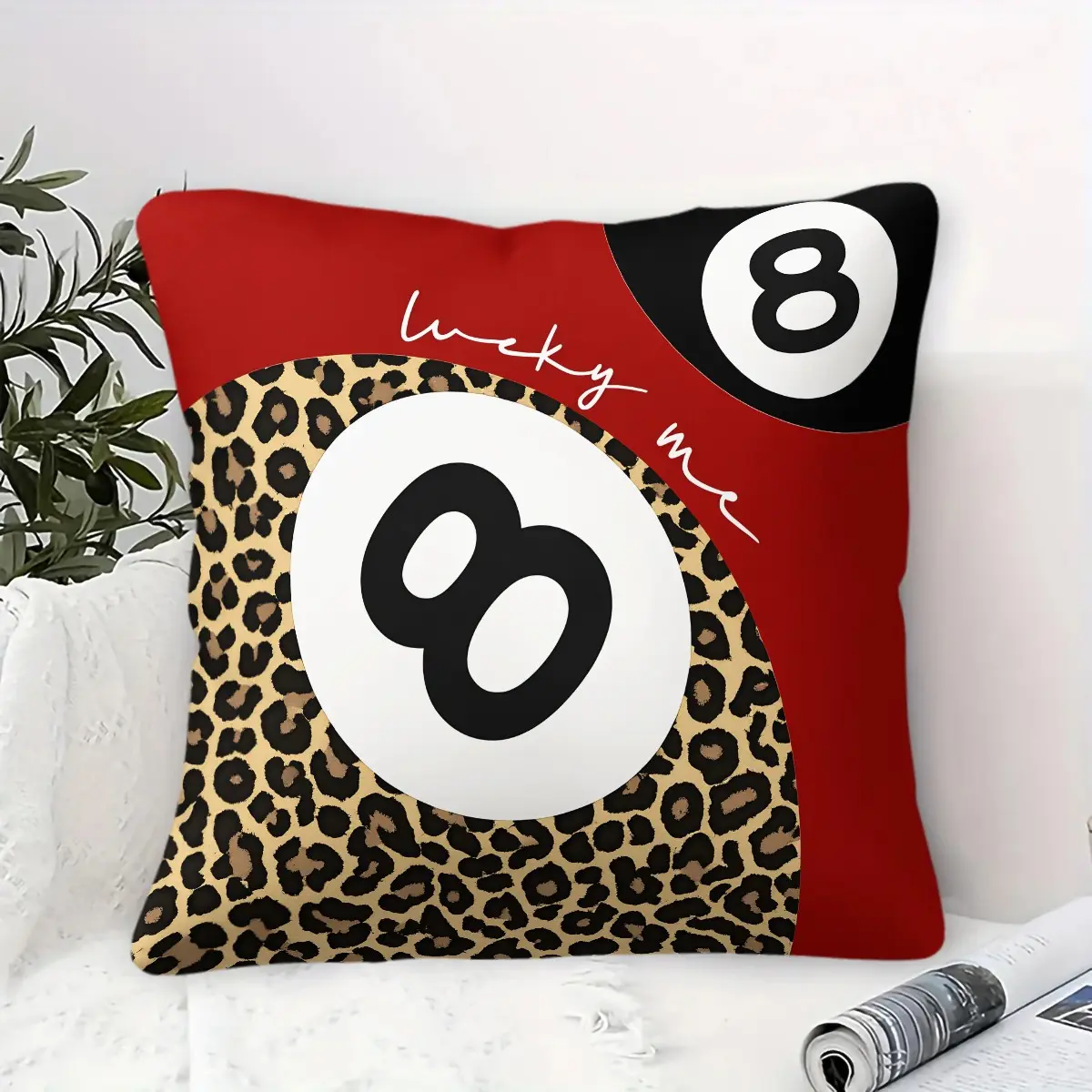 Preppy Red Leopard Print Lucky 8 Ball Throw Pillow, Cheetah Room Decor Cushion, Includes Pillow Core, Funky Y2K Leopard Print Decorative Pillow for Girls Room Dorm Apartment for Sofa Couch Bedroom, Leopard Pattern