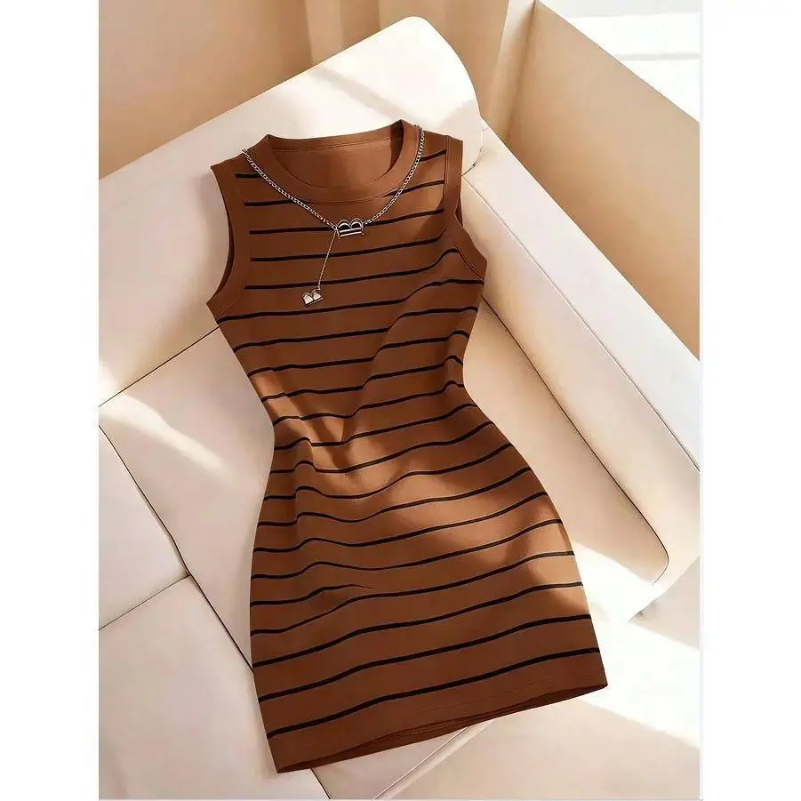 Women's Striped Bodycon Sleeveless Dress | Round Neck, Slim Fit – Elegant Autumn/Summer Chic