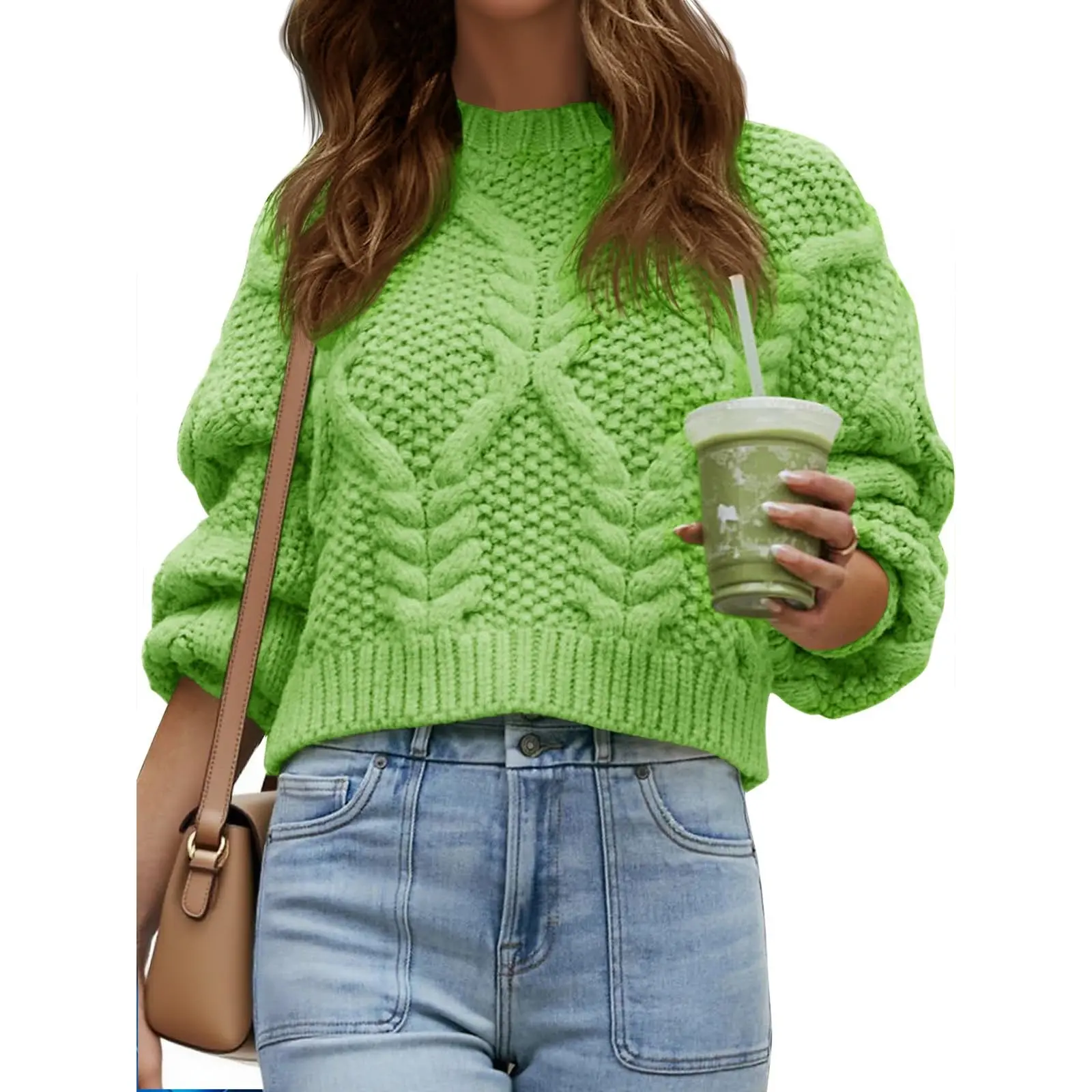 Aoysky Women's Cropped Cable Knit Sweater, Chunky Puff Long Sleeve Crewneck Pullover for Casual Fall Wear, Minimalist, Knitting, Fitted