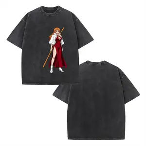 Men Vintage Acid Washed Oversized T-Shirt One Piece Nami Front Graphic Tee Straw Hat Crew Elegant Red Slit Gown White Fur Cape Clima-Tact Heavyweight Cotton Streetwear Short Sleeve Top