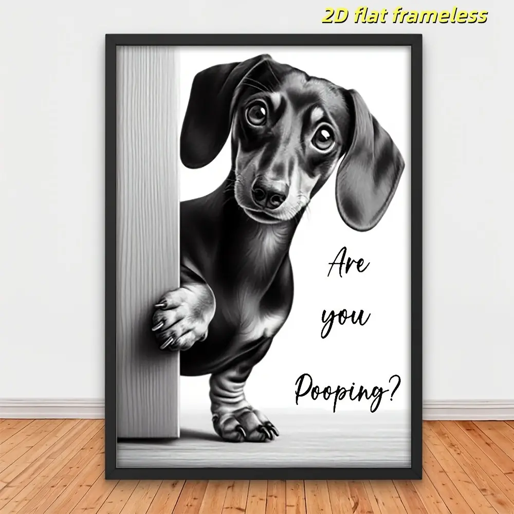 1 piece of fun dachshund peeking at canvas wall art - "Are you pooping?" Humorous bathroom decoration, playful dog themed art, Funny Wall Art, Animal Art 2D flat printing frameless painting