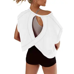 Open Back Tops for Women Oversized Short Sleeve Workout T Shirts Backless Y2k Athletic Crop Running TeesGift.