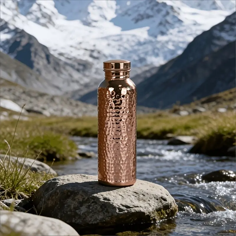 Copper Water Bottle for Drinking, Hammered Copper Travel Tumbler, Insulated Stainless Steel, Handcrafted Ayurvedic Cup, 27 Oz