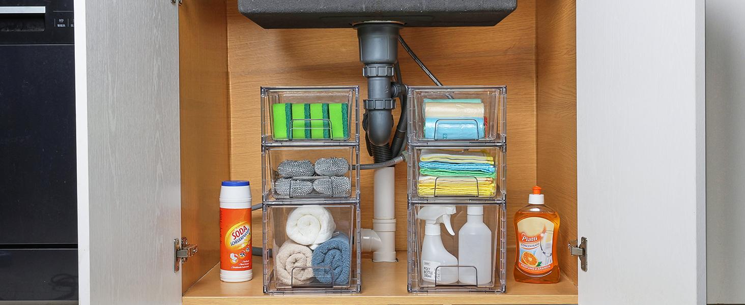 SUNDAY MIRTH 4 Pack Stackable Storage Drawers,Clear Acrylic Drawer Organizers with Handles, Easily Assembled For Fridge, Bathroom, Kitchen Undersink, Cabinet, Pantry Organization and Storage