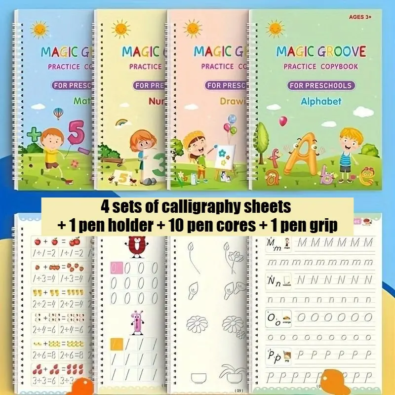Magic Groove Handwriting Practice Book Set for Kids Aged 3-6, Reusable Learning Pad with Erasable Letters Numbers Coloring Math Skills Included