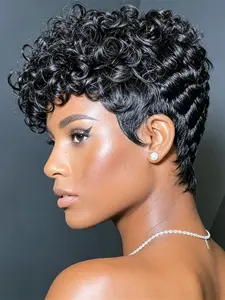 Pixie Wig Machine Made 99j Short Curly Pixie Wig, 150% Density Human Hair Wigs for Women, True Scalp Wig, Black Women Wigs, Daily Party Cosplay Use