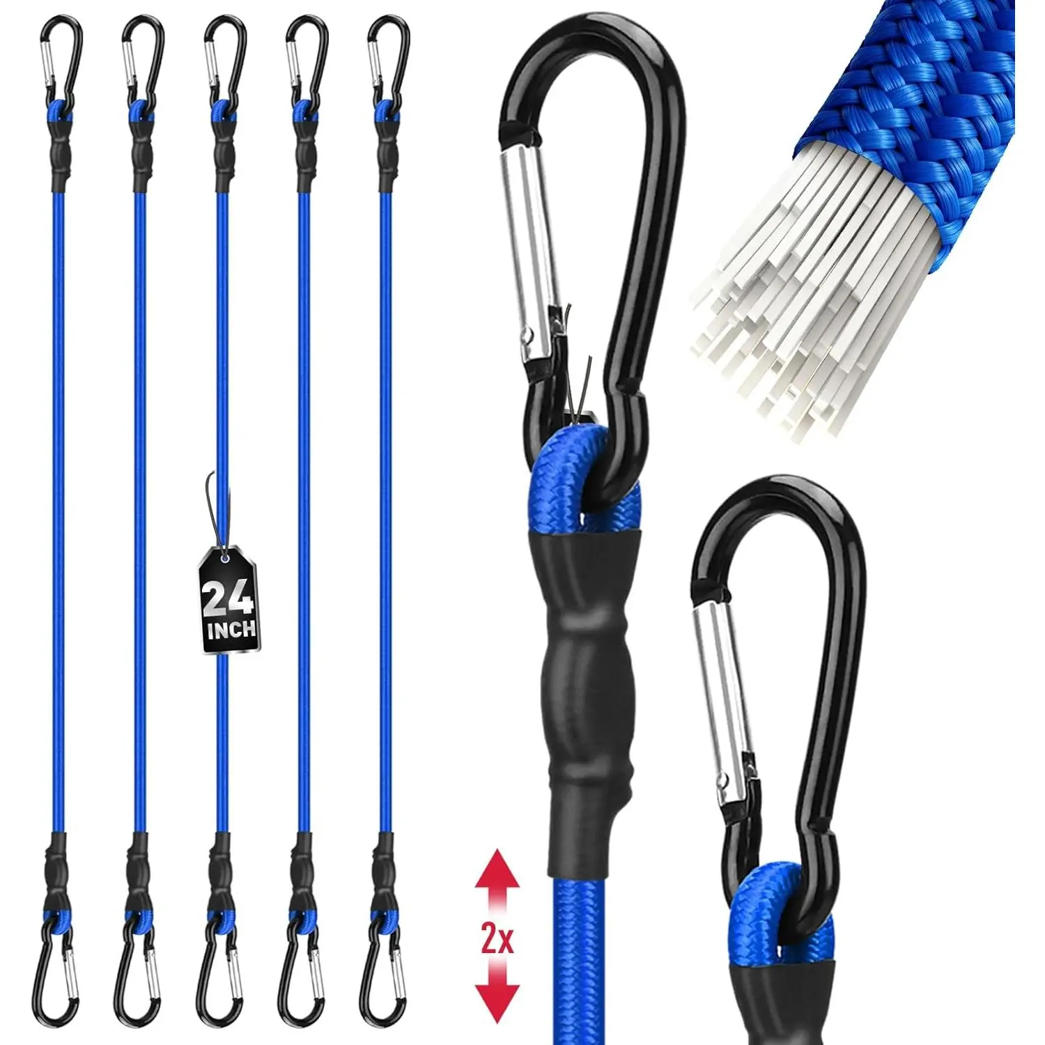 5- 24 Inch Bungee Cords with Carabiner Hooks, Heavy Duty Rubber Elastic Tie Down Straps, Bungee Cord with Carabiner Clips for Cargo,  Bed, Camping,  and Outdoor Use (Blue)