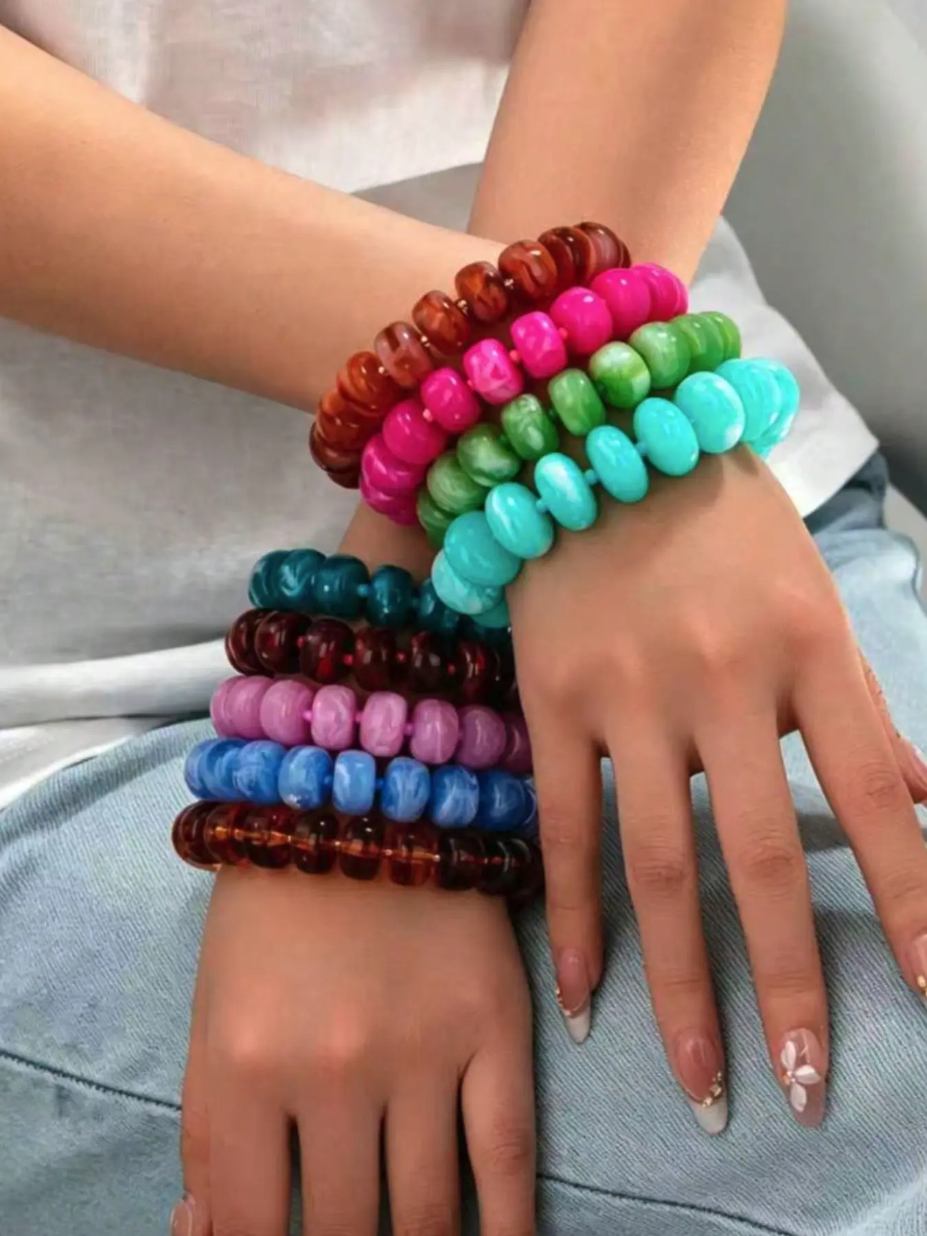 9Pc Candy Color Resin Beaded Boho Style Bracelet for Women, Summer Stackable Stretch Bracelets Set - Bold Boho Vacation Jewelry (Acrylic/Resin Material, Swirled/Marble Pattern Beads, Chunky Rondelle Shape)