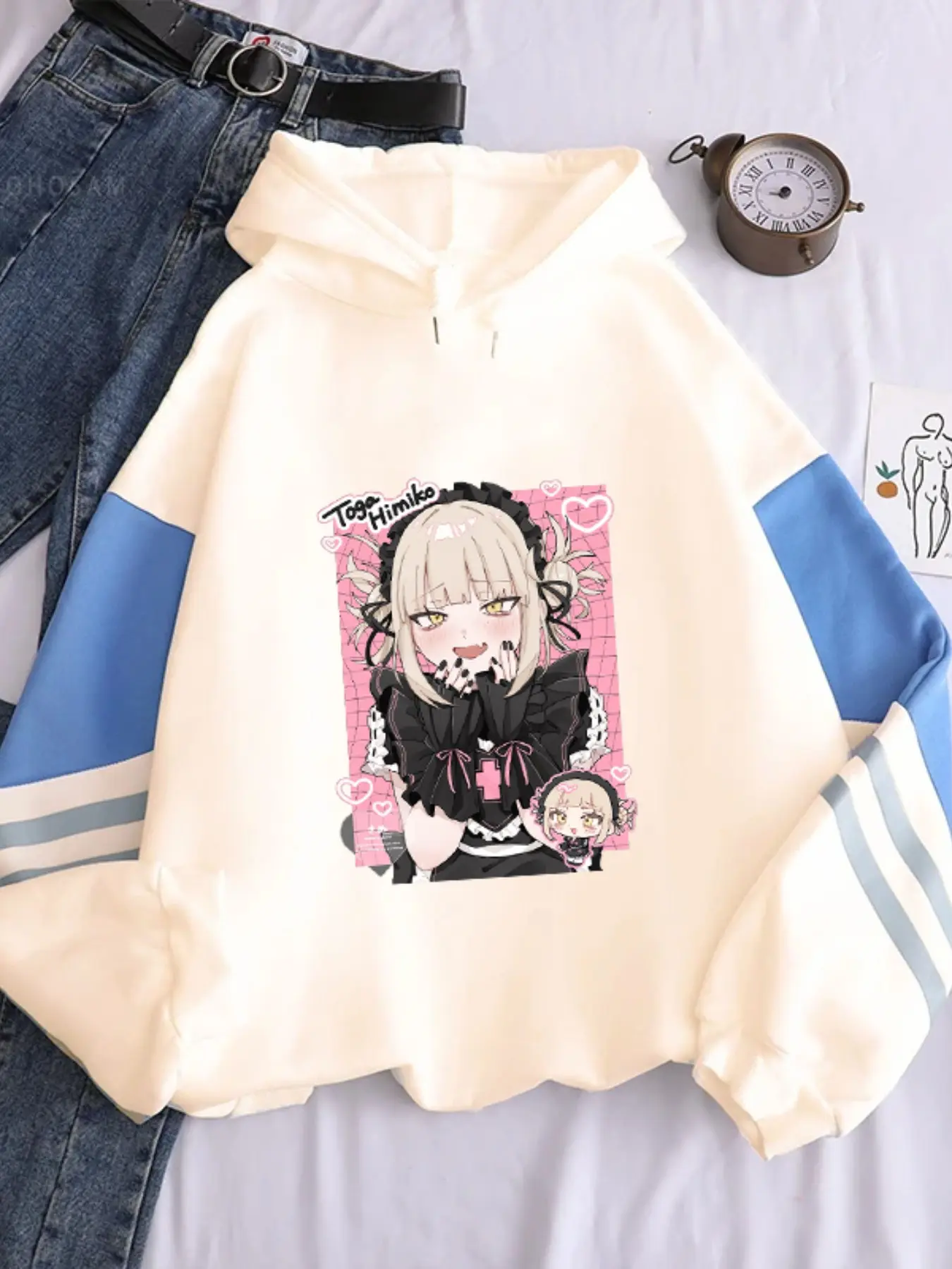 My Hero Academia Deku Heart Pattern Print Reflective Long Sleeve Fleece Hoodie, Casual Loose-Fit Fall & Winter Sweatshirt