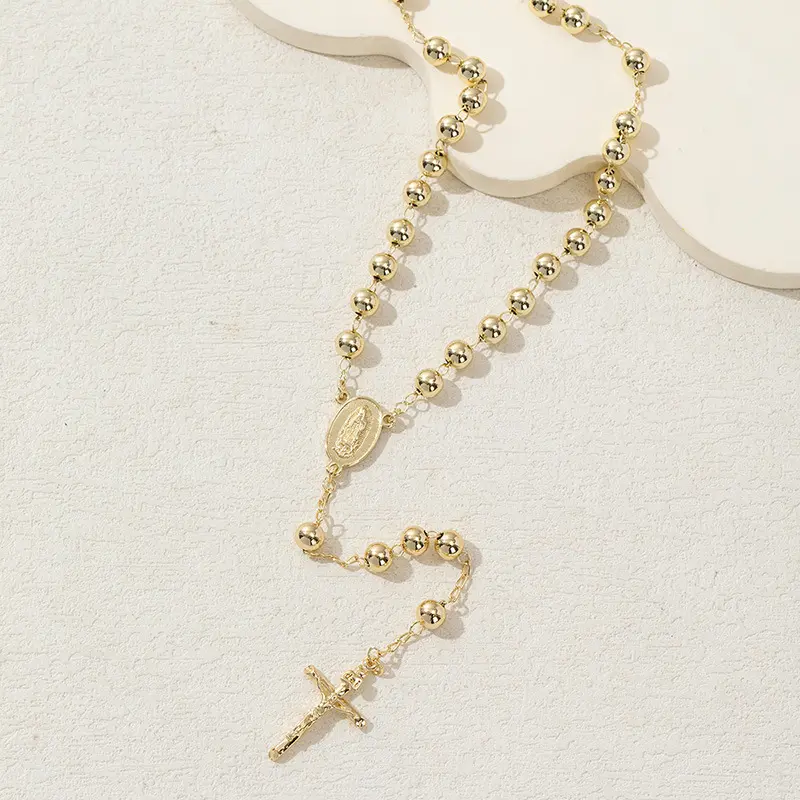 14K Gold Plated Virgin Mary Rosary copper round Beads Necklace, elegant Cross Pendant Prayer Chain – Our Lady of Guadalupe Religious Jewelry, Ideal for Baptism, First Communion & Christian Gifts faith style necklace