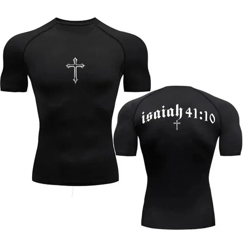 Men's Compression T-Shirt Base Layer - Bible Cross Graphic, Quick-Dry Black1 Adults' Athletic Gym Workout Gym Wear, All-Seasons Rash Guard