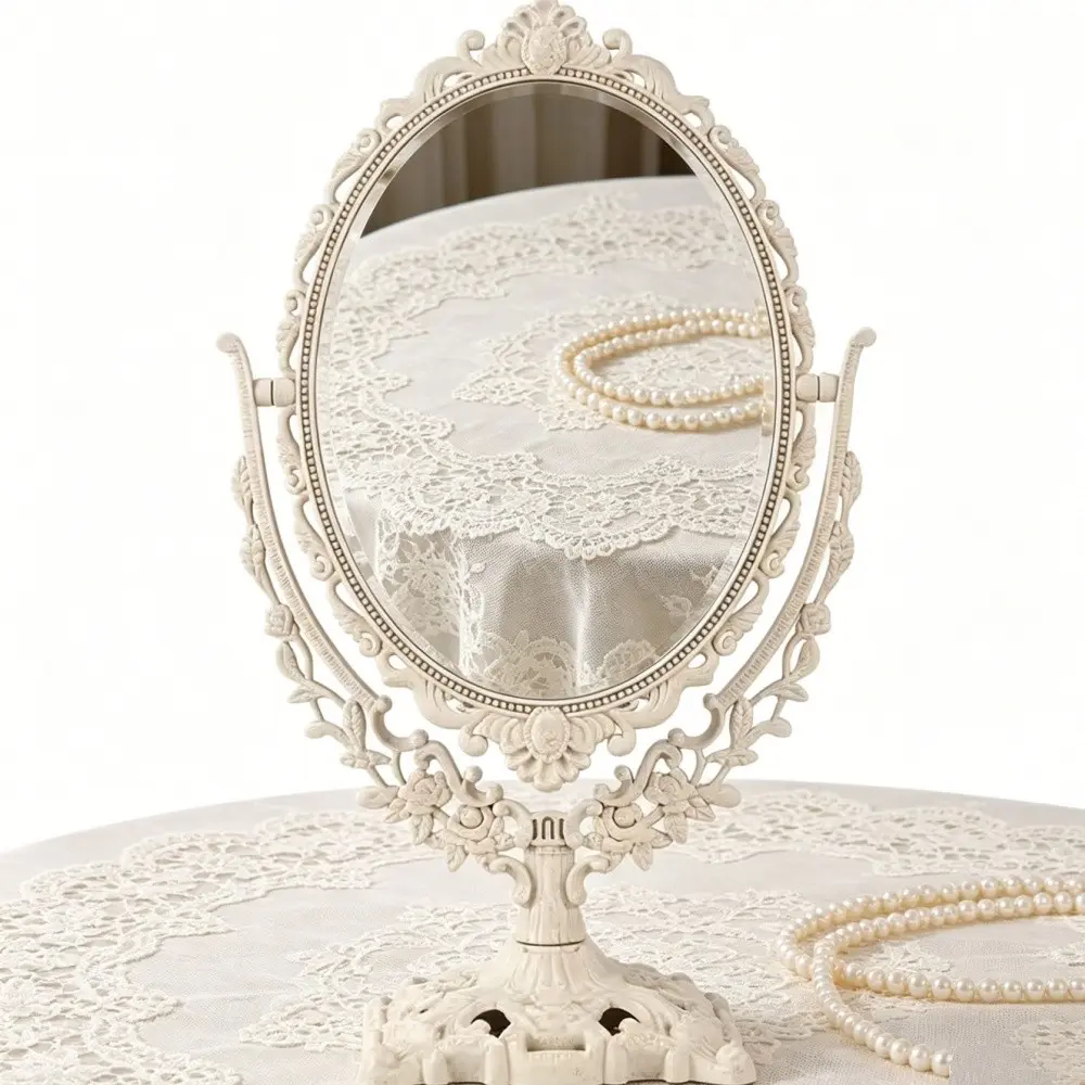 Vintage European Double Sided Rotary Makeup Mirror - Adjustable frame, high definition glass surface, floral design, Decor, portable tabletop vanity mirror for tabletop and dresser