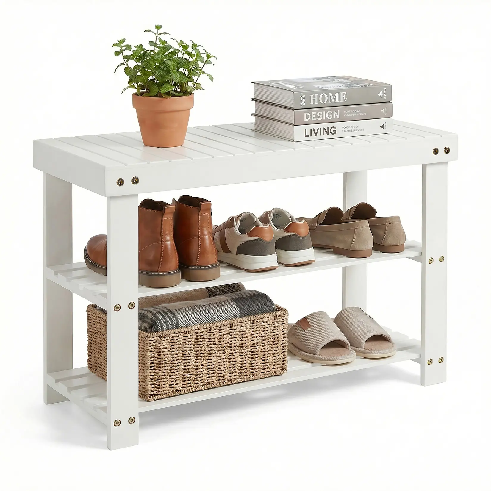 Garvee Modern Entryway Shoe Storage Bench with Comfortable Seating – Contemporary White Foyer Organizer – Sturdy Entry Furniture with Ample Storage – Ideal for Mudroom, Hallway, Bedroom