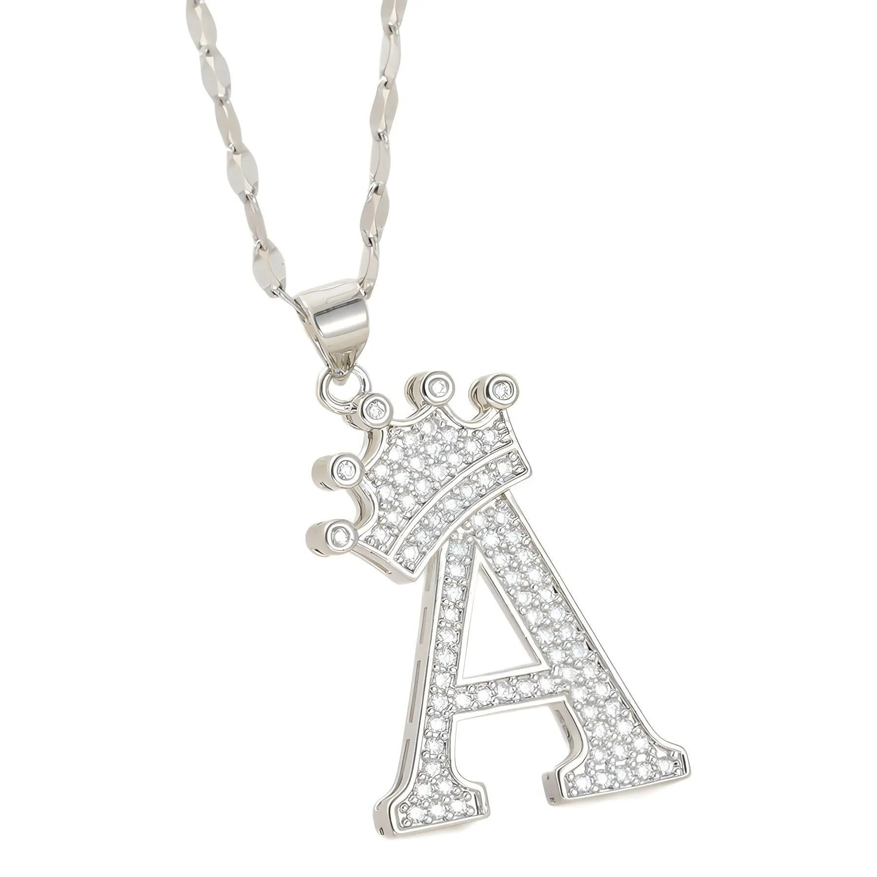 Trendy Silver Plated Crown Initial Necklace for Men Women, Bling Diamond A-Z Letter Crown Shiny Cubic Zirconia Monogram Pendant Necklace Name Jewelry Holiday Wear Accessories