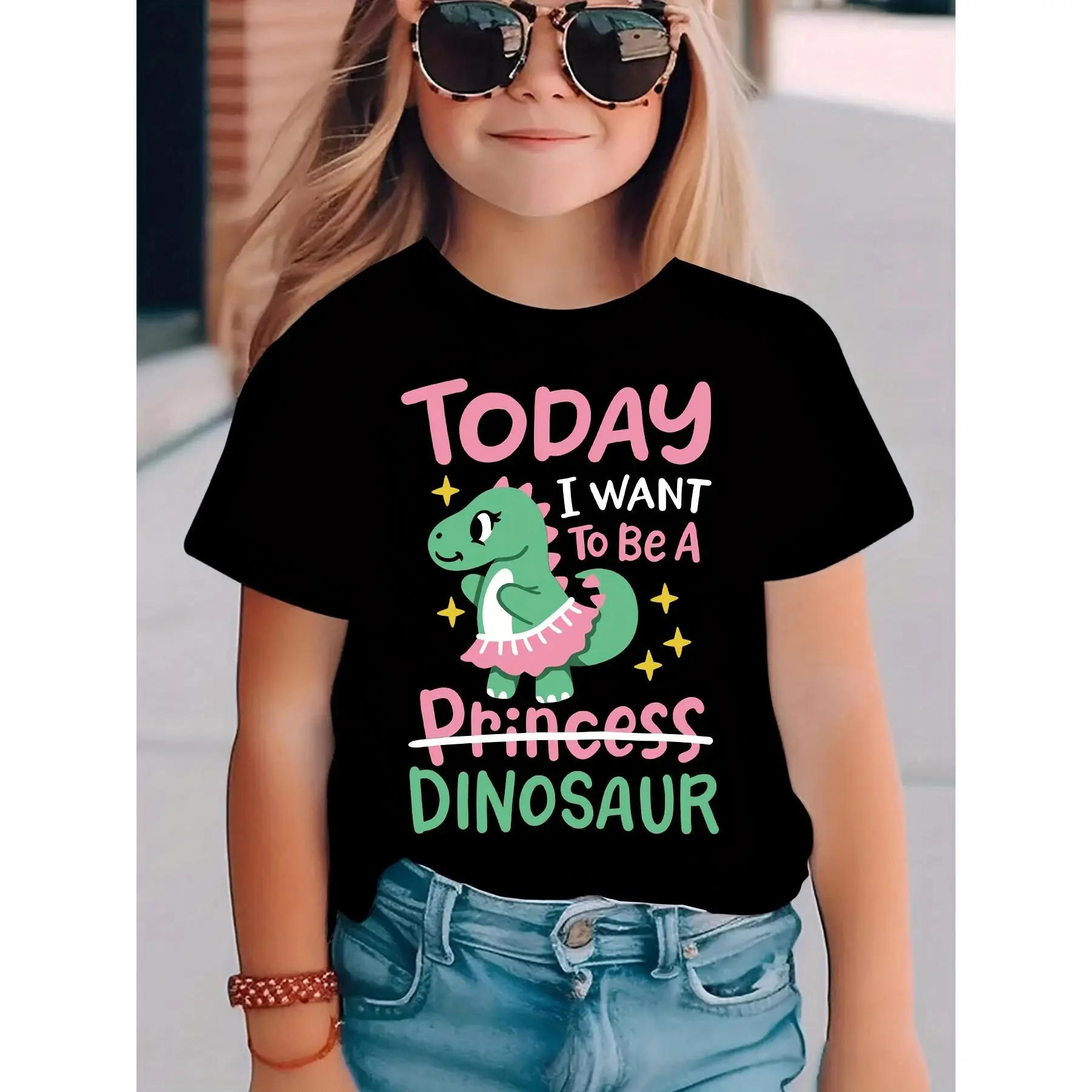 Girls' Funny Dinosaur Print Cool Graphic Tee - Casual Fit Short-Sleeve Pull-On Sports Top for 3-4y,10-11y,12-13y Youth, Breathable Kids Clothing, Funny T Shirts, None
