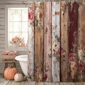 Retro farmhouse style shower curtain with distressed wooden boards and rural floral design, textured bathtub partition, multiple sizes, with hooks, easy to clean bathroom decoration, suitable for rural or modern bathrooms, 2D flat print