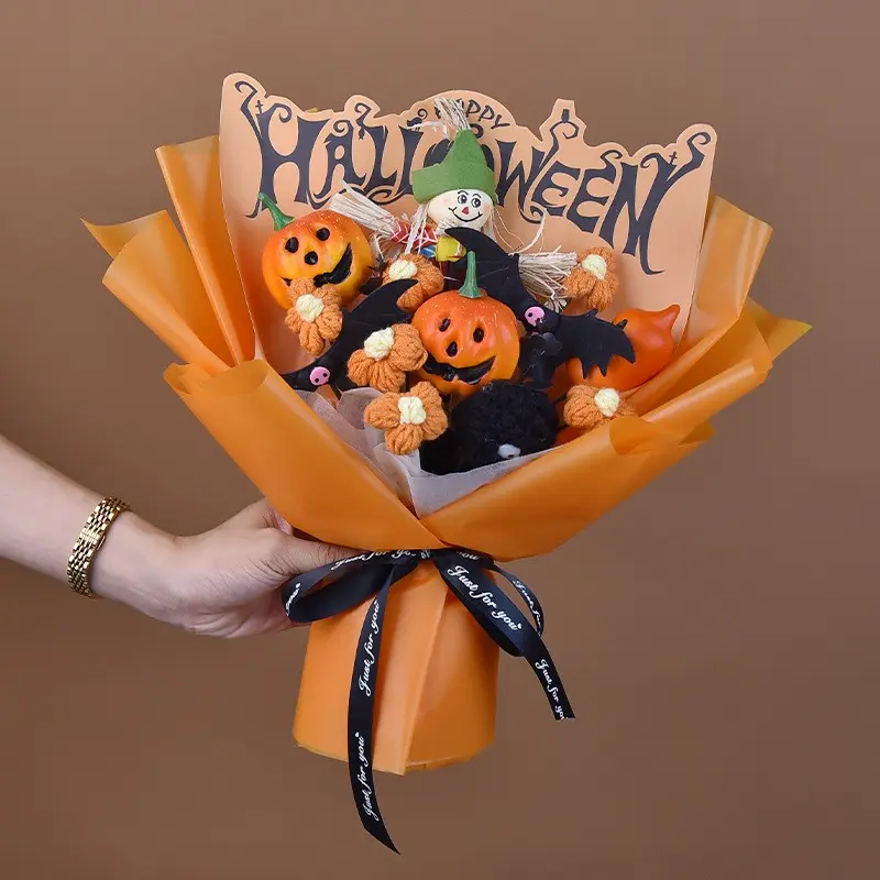 New Handmade Crochet Flower Bouquet, Halloween Doll Flower Bouquet, Pumpkin Flower Bouquet, Fashion Accessory, Realistic Flower, Yarn Decoration