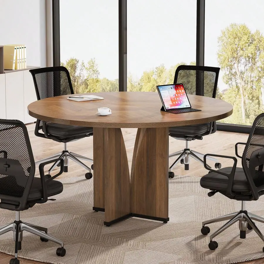 39" Round Conference Table 4, Modern Round Meeting Table With Sturdy Base, Small Compact Conference Room Tables Office, Training, Or Negotiation (Rustic Brown)