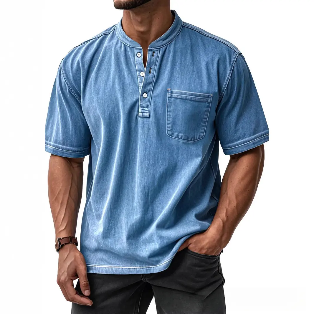 Men's Grey Henley Shirt, Short-Sleeve Vintage Stone Washed Polyester Top with a Half-Button Placket and Exposed Stitching, Casual Menswear, Plain, Shortsleeve