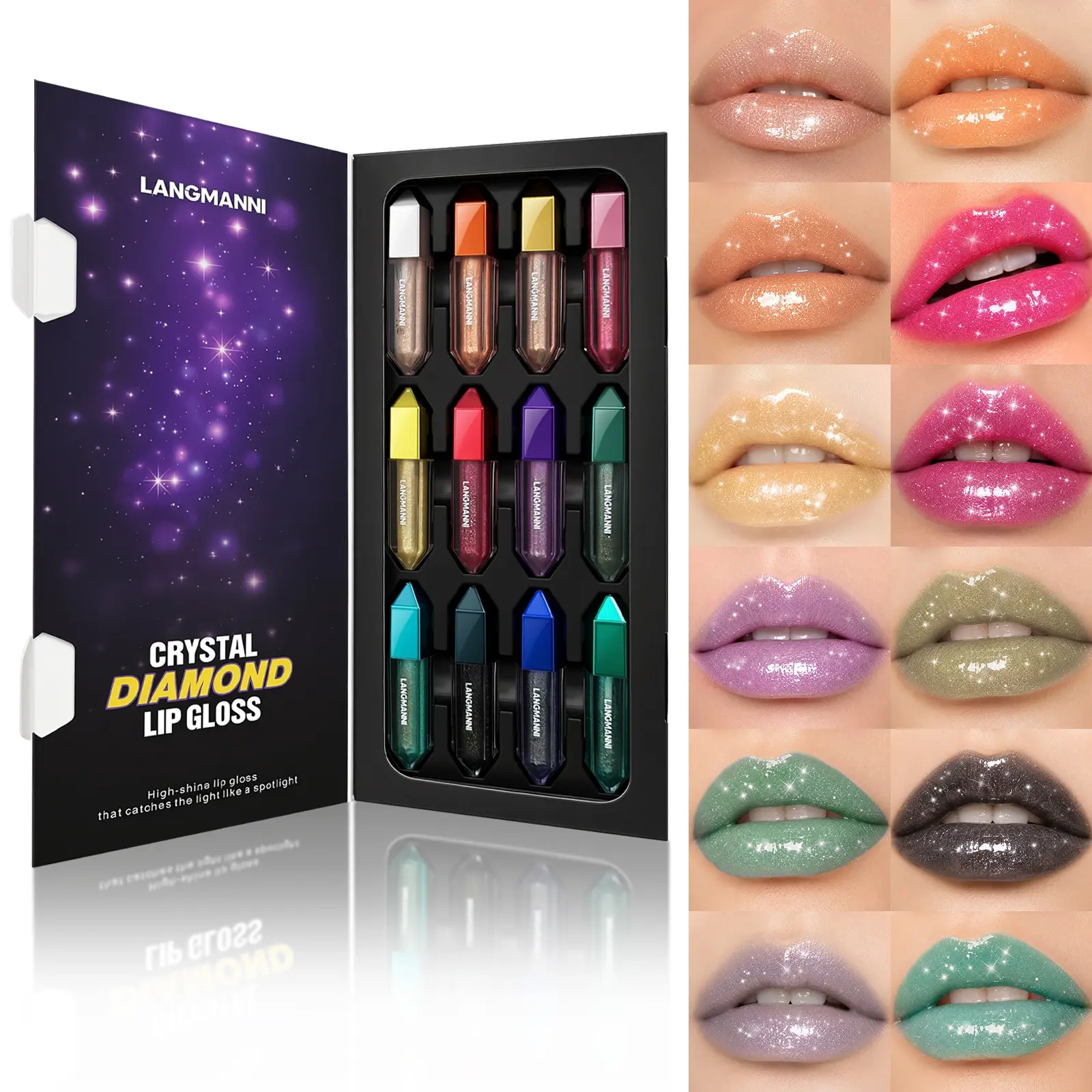 Crystal Diamond Shimmer Lip Gloss Set 12 Glitter Shades High Shine Plumping Liquid Lip Gloss With Starry Gift Box
