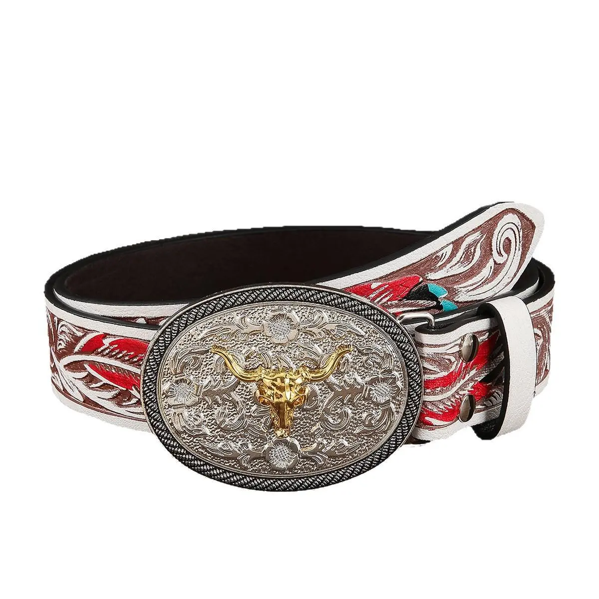 Men's Heavy Duty Western Cowboy Belt, Fashion Clothes Accessory with Western Gold Bull Head Buckle and Red-White Tooling, Western Buckle
