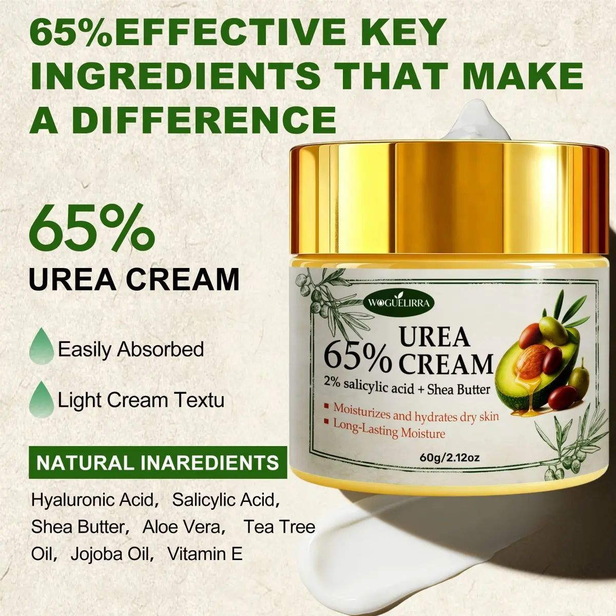 Urea Hand & Foot Cream, 65% Urea + 2% Salicylic Acid, Shea Butter Formula, Deep Hydration, Locks in Moisture, Suitable for All Occasions