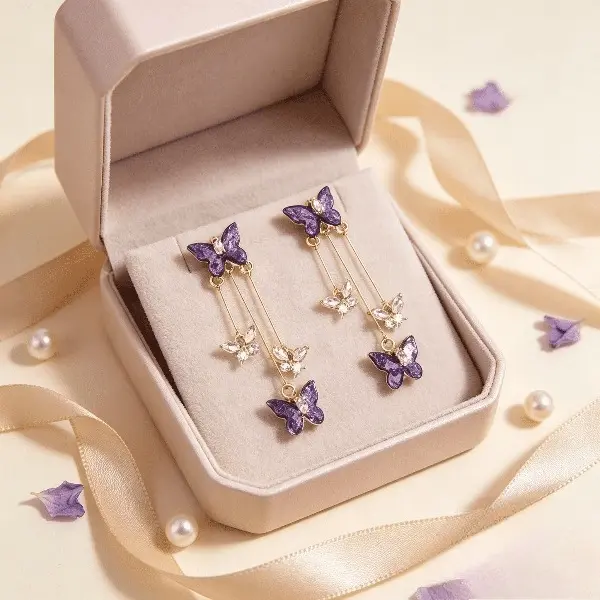 Purple Butterfly Tassel Dangle Earrings, Gold Tone Crystal Drop Earrings, Women Elegant Party Wedding Jewelry Gift