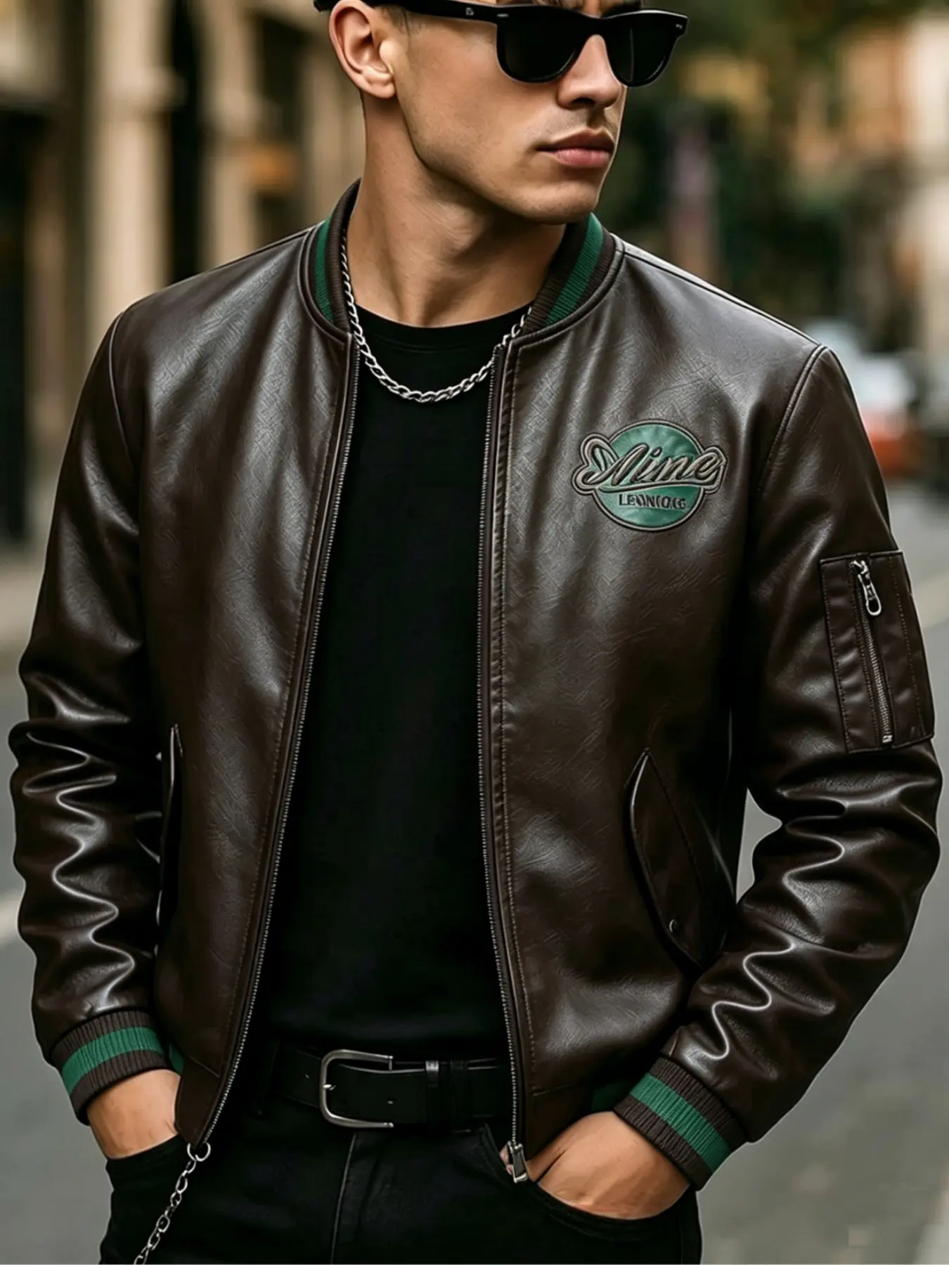 Men's Classic Retro Jacket, Chest Embroidery Patch Outerwear, Casual Flight Pilot Jacket, Zipper Pockets, Motorcycle Coat