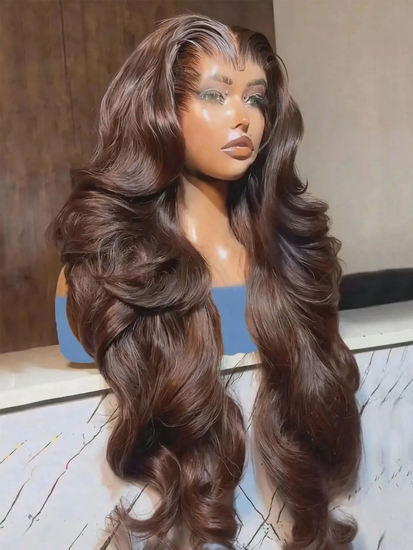 [Super Deal] Chocolate Brown 4# Glueless Body Wave Wig Synthetic Lace Front Wigs 13x4 HD Transparent Lace Frontal Wigs Heat-Resistant Hair 200% Density Pre Plucked Hairline Natural Look Daily and Party Use