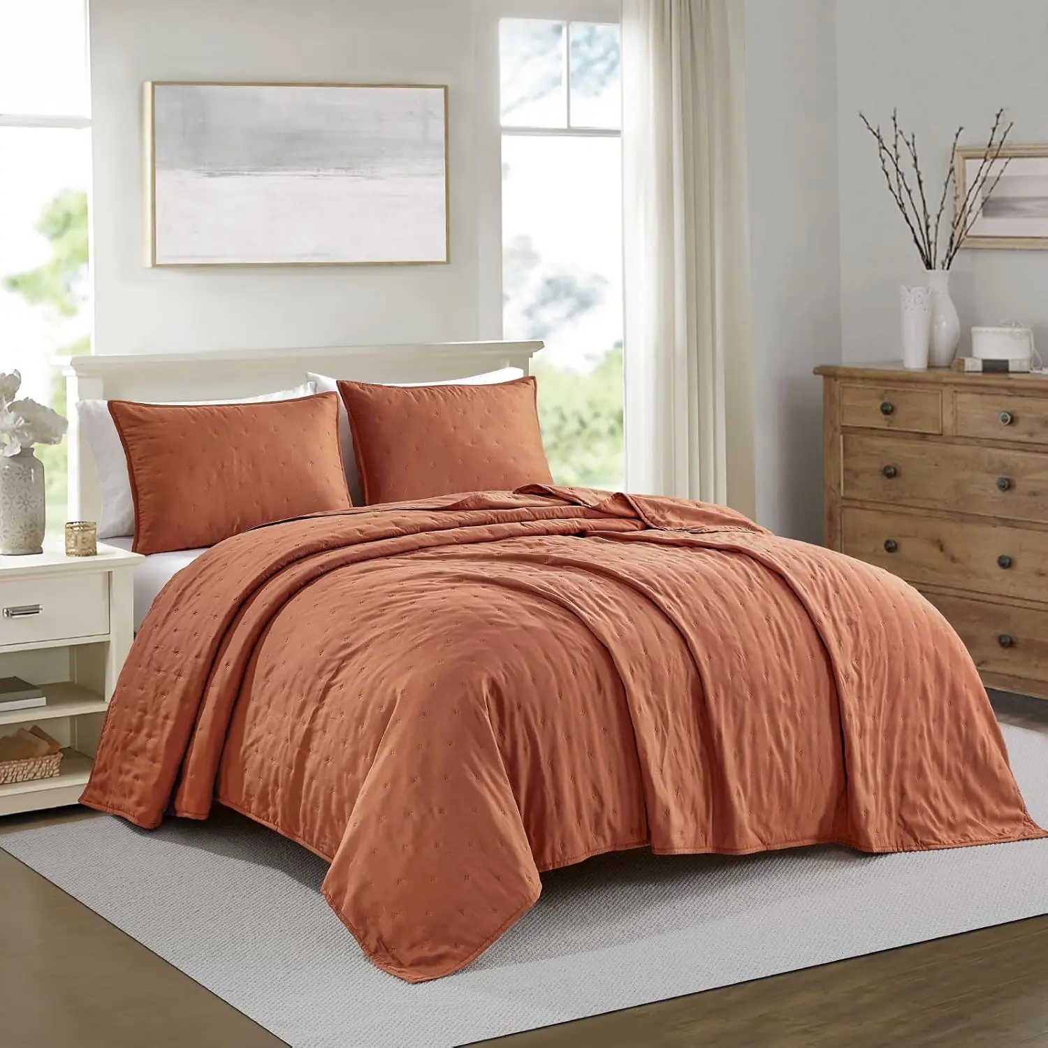 Ultrasonic Set 3-Piece Full/Queen Bedding Set Pre-Washed Microfiber Soft Lightweight Star Bedspread Coverlet Set for All Season, Orange
