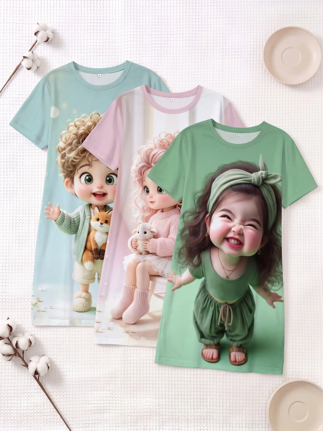 3-Piece Set Cute Doll Print Nightgowns, Short Sleeve Round Neck Women's Pajamas, Loose-Fit Home Wear Loungewear for Spring Summer Fall