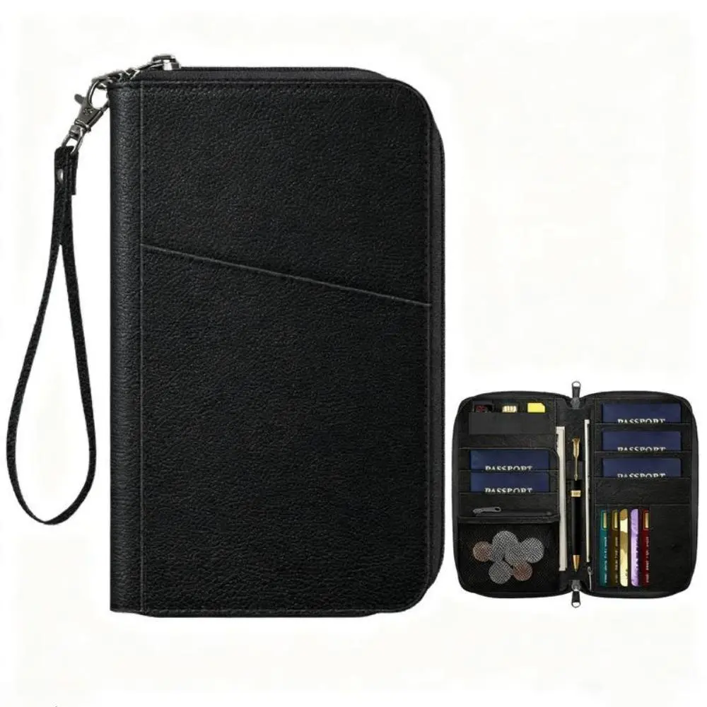Waterproof PU Leather Passport Wallet - Minimalist RFID-Shielded High-Capacity Family Travel Document Organizer with Zip Closure, Multi-Compartment, Full Surrounding, Slim Foldable, Business Trips, Frequent Travelers, Travel Gear